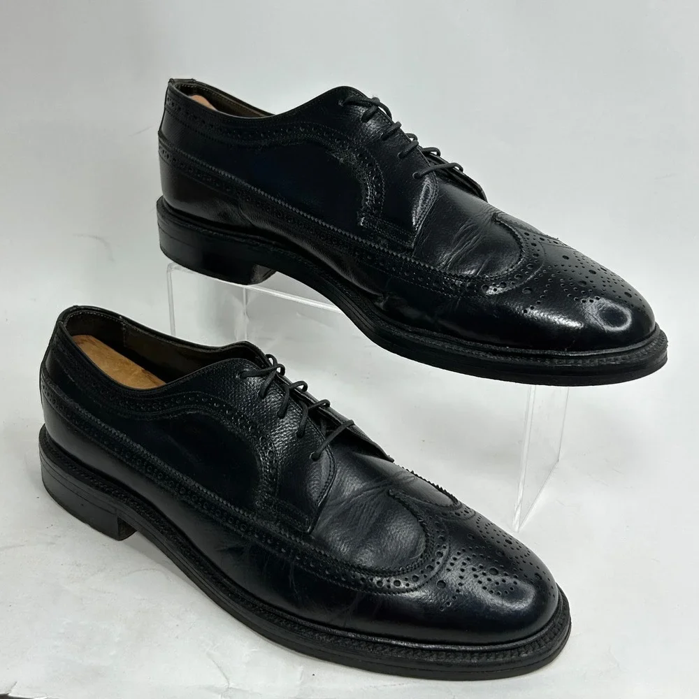 Vintage‎ Italian Mens Black Leather Wingtip Brogue Dress Shoes Nailed Heel 9.5